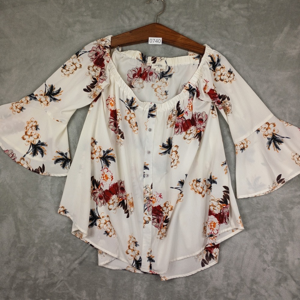 Umgee Floral Top Womens Large White Bell Sleeve Off Shoulder Boho Cottage Core